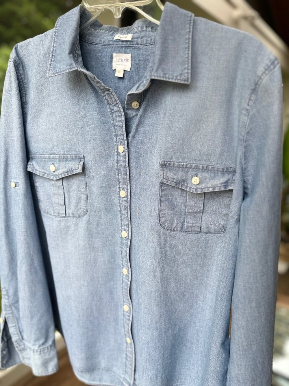 J. Crew Perfect Shirt Chambray Blue Cotton Button Down Medium Weight Women Sz XL